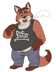  2018 anthro baron_puddin_paws belly bottomwear canid canine clothing disney fox gideon_grey hi_res male mammal one_eye_closed overweight overweight_male pants red_fox shirt simple_background smoking solo topwear true_fox white_background wink zootopia 