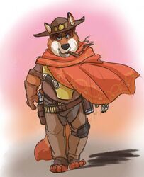  2016 anthro black_nose blizzard_entertainment bottomwear canid canine cape captainjusticevirtsuoso clothing cole_cassidy cowboy disney fox gideon_grey hat headgear headwear hi_res humanoid_hands male mammal overwatch pants red_fox slightly_chubby smoking solo true_fox zootopia 