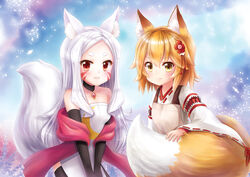  2girls animal_ear_fluff animal_ears apron bare_shoulders black_gloves black_thighhighs brown_apron brown_eyes brown_hair choker cloud dress elbow_gloves eyebrows facial_mark flower fox_ears fox_girl fox_tail gloves hair_ornament hands_on_own_thighs holding_own_tail japanese_clothes jewelry leaning_forward long_hair miko mugenstudio multiple_girls outdoors pendant photoshop_(medium) red_eyes senko_(sewayaki_kitsune_no_senko-san) sewayaki_kitsune_no_senko-san shiro_(sewayaki_kitsune_no_senko-san) shirt short_hair side_slit sky smile strapless strapless_dress tail thighhighs white_dress white_hair white_shirt 