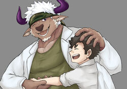  accessory anthro bandaid_protagonist_(tas) bbrt534 bovid bovine cattle closed_eyes clothing coat duo hand_holding headband holding_partner horn human human_on_anthro interspecies lab_coat larger_anthro lifewonders male male/male mammal muscular muscular_anthro muscular_male pecs protagonist_(tas) shennong_(tas) shirt size_difference smaller_human smile tank_top tokyo_afterschool_summoners topwear 