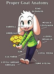  asriel_dreemurr big_ears black_bottomwear black_clothing black_pants bottomwear bovid bukoya-star caprine clothed clothing english_text flower goat male mammal monster pants paws plant smile solo text undertale undertale_(series) yellow_flower young 