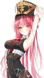  arm_up armpits bare_arms beliatan black_leotard blush breasts cleavage eyes_visible_through_hair female hair_between_eyes hair_over_one_eye hat heterochromia highres hololive houshou_marine houshou_marine_(marching_band) large_breasts leotard long_hair looking_at_viewer multicolored_hair official_alternate_costume official_alternate_hair_length official_alternate_hairstyle orange_eyes pink_eyes pink_hair see-through see-through_cleavage shako_cap simple_background solo streaked_hair upper_body very_long_hair virtual_youtuber white_background white_hair 