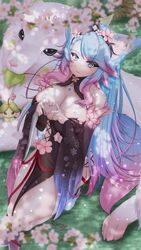  animal_ear_fluff animal_ears black_kimono black_sleeves blue_eyes blue_hair blue_nails blue_tail breasts cherry_blossoms cleavage clothing_cutout detached_sleeves female heart heart_hands highres hiro_(phese) japanese_clothes kimono large_breasts looking_at_viewer looking_up multicolored_hair multicolored_tail nail_polish navel navel_cutout pink_hair pink_tail silvervale silvervale_(sakura_goddess) smile solo streaked_hair swept_bangs tail virtual_youtuber vshojo wolf wolf_ears wolf_girl wolf_tail 