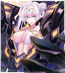  armor blue_eyes breasts britomart_(fate) britomart_(first_ascension)_(fate) center_opening double_bun emphasis_lines fate/grand_order fate_(series) female grey_hair hair_bun highres large_breasts long_hair murasame_shia pointy_ears twitter_username 