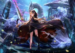  absurdres black_cloak black_dress black_thighhighs blonde_hair cage cloak commentary dragon dress ereshkigal_(fate) essual_(layer_world) fate/grand_order fate_(series) female floating_hair from_behind ghost gold_trim hair_intakes highres holding holding_weapon hood hood_down hood_up hooded_cloak huge_weapon long_hair long_sleeves looking_at_viewer looking_back meslamtaea_(weapon) outdoors petals planted red_cloak red_eyes revision short_dress single_thighhigh skeletal_arm skeleton skull solo standing thighhighs tiara two-sided_cloak two-sided_fabric very_long_hair weapon 