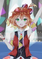  arm_strap armpits blush bow bracelet breasts clenched_hand commentary_request female freyja_wion green_eyes hair_between_eyes hair_ornament hairbow heart heart_hair_ornament highres idol idol_clothes jewelry macross macross_delta orange_hair partial_commentary red_bow short_hair side_ponytail small_breasts solo yoru_usagi 