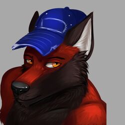  1:1 anthro badge ballcap blaze_wolf canid canine canis headshot_portrait hi_res looking_at_viewer male mammal portrait pose posing_for_picture reddragon smile solo wolf 