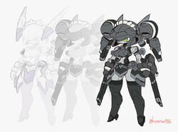  arm_cannon breasts buster_maiden_(kuruton486) full_body green_eyes grey_background highres humanoid_robot kuruton486 looking_ahead medium_breasts no_mouth original robot science_fiction standing thrusters twitter_username variations weapon 