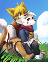  anthro barefoot blonde_hair blue_clothing blue_shirt blue_sky blue_t-shirt blue_topwear bottomwear canid cheek_tuft clothed clothing duo facial_markings facial_tuft feet fur glistening glistening_eyes hair head_markings hi_res hug hugging_another hugging_from_behind inner_ear_fluff kuttoyaki male mammal markings mouth_closed orange_body orange_eyes orange_fur outside red_eyes red_markings red_scarf scarf shirt shorts sitting sky species_request t-shirt tan_bottomwear tan_clothing tan_shorts topwear tuft white_clothing white_hair white_shirt white_t-shirt white_topwear yellow_body yellow_fur yellow_inner_ear_fluff 