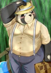  2021 anthro blush bottomwear brown_body brown_fur canid canine clothing fur hat headgear headwear hi_res humanoid_hands kemono lifewonders live_a_hero male mammal nazebesu_hobby outside overweight overweight_male pants raccoon_dog shirt shoen solo suspenders tanuki topwear 