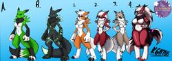  anthro bandai_namco black_body black_claws black_fur black_sclera blue_background blue_eyes breasts brown_body brown_fur canid claws digimon digimon_(species) dusk_lycanroc feet female fingers fur generation_5_pokemon generation_7_pokemon glowing glowing_markings green_body green_eyes green_fur hair kgh786 lycanroc mammal markings midday_lycanroc midnight_lycanroc multiple_images nintendo orange_body orange_fur pokemon pokemon_(species) ponytail red_body red_eyes red_fur renamon signature simple_background solo spikes standing toe_claws toes tuft white_body white_fur white_hair yellow_eyes zoroark 