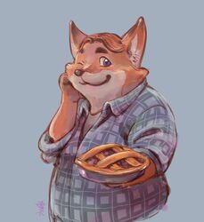  2016 anthro belly canid canine clothing daihukudokoro dessert disney food fox gideon_grey kemono male mammal one_eye_closed overweight overweight_male pastry pie shirt simple_background solo topwear wink zootopia 