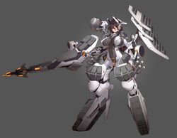  absurdres barcode blue_eyes bodysuit breasts brown_hair caterpillar_tracks chinese_commentary commentary_request covered_navel covered_nipples digitigrade female full_body grey_background haze/reverb headgear highres holding holding_polearm holding_weapon huge_breasts impossible_bodysuit impossible_clothes lance looking_at_viewer mecha_musume medium_hair official_art partial_commentary polearm radar_dish smoke_grenade_launcher solo sophia_(haze/reverb) standing stmast weapon 