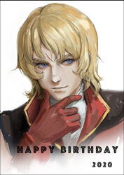  1boy black_border blonde_hair blue_eyes border char_aznable gloves gundam hand_on_own_chin happy_birthday leaning_forward looking_to_the_side male_focus nekkikamille quattro_bajeena red_gloves scar smile solo upper_body white_background zeta_gundam 