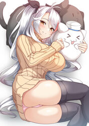  &gt;3&lt; absurdres alternate_costume ass azur_lane black_thighhighs blush breasts brown_eyes brown_sweater commentary_request feet_out_of_frame female grey_hair hair_between_eyes hair_ribbon heart highres knees_together_feet_apart large_breasts long_hair long_sleeves meowfficer_(azur_lane) monochrome moyoron no_pants panties parted_bangs prinz_eugen_(azur_lane) red_hair ribbed_sweater ribbon simple_background sleeves_past_wrists spot_color sweater thighhighs turtleneck turtleneck_sweater two_side_up underwear very_long_hair white_background white_headwear 