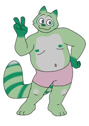  3_toes 4_fingers anthro bent_arm bottomwear clothing digital_media_(artwork) feet fingers fred_(fredrick_brennan) front_view fur gesture green_body green_fur hand_gesture hand_on_hip hi_res looking_at_viewer male mammal mouth_closed nipples overweight overweight_male pocketfurry procyonid raccoon shorts slightly_chubby solo toes v_sign 