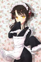  alternate_costume apron bittersweet_(dalcoms) black_kimono blush brown_hair covering_own_mouth female flower japanese_clothes kimono lolita_fashion long_sleeves lowres maid maid_headdress mole official_art short_hair sita_vilosa sleeves_past_wrists solo sword_girls wa_lolita wa_maid yellow_eyes 