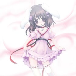  :3 adapted_costume animal_ears black_hair brown_eyes clothes_lift commentary_request detached_sleeves female hair_bobbles hair_ornament inaba_tewi izumi_yukiru light_smile looking_at_viewer puffy_sleeves rabbit_ears ribbon short_hair short_sleeves skirt skirt_lift solo thighhighs touhou white_thighhighs 