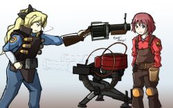  2girls amputee armless_amputee blonde_hair blu_demoman_(tf2) blu_demoman_(tf2)_(cosplay) blue_eyes bomb_suit cosplay cyzir_visheen demoman_(tf2) demoman_(tf2)_(cosplay) double_amputee engineer_(tf2) engineer_(tf2)_(cosplay) explosive green_eyes grenade grenade_launcher highres katawa_shoujo long_hair multiple_girls photoshop_(medium) ponytail red_engineer_(tf2) red_engineer_(tf2)_(cosplay) red_hair satou_lilly sentry short_hair sleeve_tied_shut team_fortress_2 tezuka_rin tied_sleeves weapon 