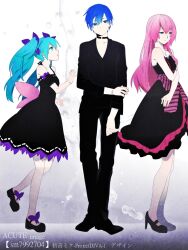  1boy 2girls acute_(vocaloid) amour_(module) aqua_eyes aqua_hair bare_shoulders blue_eyes blue_hair choker commentary_request dress guilty_(module) halter_dress halterneck hatsune_miku head_tilt high_heels innocent_(module) jewelry kaito_(vocaloid) keishi long_hair megurine_luka multiple_girls necklace pink_hair project_diva_(series) project_diva_f sash shoes short_dress strapless strapless_dress striped twintails vocaloid 