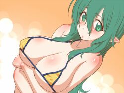  bikini breasts cleavage commentary_request crossed_arms female gochou_(kedama) green_eyes green_hair large_breasts long_hair original pointy_ears solo swimsuit yellow_bikini 