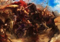  6+boys armor army assassin_(fate/zero) battle beard cape cloak commentary desert facial_hair fate/zero fate_(series) female female_assassin_(fate/zero) flag highres ionioi_hetairoi_(fate) iskandar_(fate) long_hair mask multiple_boys polearm ponytail purple_hair red_eyes red_hair spear stu_dts weapon 