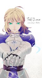  ahoge armor armored_dress artoria_pendragon_(fate) bad_id bad_pixiv_id blonde_hair fate/zero fate_(series) female gauntlets green_eyes hair_ribbon hands_on_hilt highres invisible_air_(fate) meroo_(zest) ribbon saber_(fate) solo sword weapon 