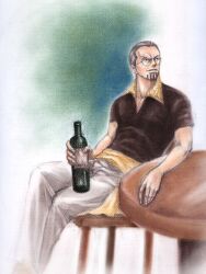  1boy black_shirt bottle chair facial_hair glasses grey_hair legs_crossed male male_focus one_piece sabaody_archipelago sash shirt short_hair silvers_rayleigh sitting solo table white_pants 