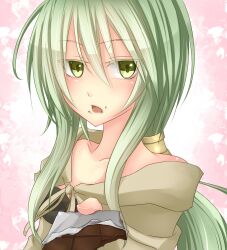  caam_serenity_of_gusto chocolate commentary_request duel_monster female green_eyes green_hair highres long_hair looking_at_viewer open_mouth shintani_tsushiya solo yu-gi-oh! 