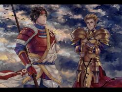  2boys armor bad_id bad_pixiv_id blonde_hair brown_eyes brown_hair crossed_arms crossover fate/stay_night fate_(series) gilgamesh_(fate) headband letterboxed male_focus multiple_boys polearm red_eyes sanada_clan_(emblem) sanada_yukimura_(sengoku_musou) sengoku_musou sengoku_musou_3 spear weapon xiongmaojun115 