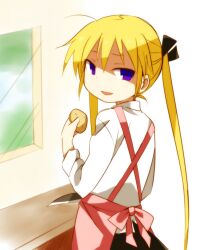  apron bad_id bad_pixiv_id blonde_hair female from_behind hair_ribbon kill_me_baby kiritani31 knife potato purple_eyes ribbon sonya_(kill_me_baby) twintails 