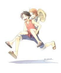  1boy bat_(coumori) black_hair carry carrying coumori female female full_body hat hat_removed headwear_removed male monkey_d_luffy nami nami_(one_piece) one_piece orange_hair piggyback red_vest running sandals scar short_hair shorts stampede_string straw_hat vest 