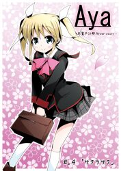  bag blonde_hair blue_eyes bow commentary_request female kinoshita_haruka little_busters! little_busters!_school_uniform long_hair pink_bow plaid plaid_skirt school_uniform skirt solo spoilers tokido_saya twintails 