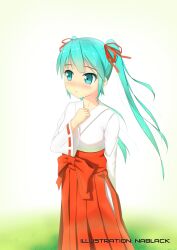  blush commentary_request female hatsune_miku japanese_clothes kuro-kun_(nablack) long_hair miko photoshop_(medium) simple_background solo vocaloid 