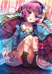  collarbone commentary_request female frills hairband heart highres hoshika_ranoe komeiji_satori long_sleeves open_mouth pink_eyes pink_hair short_hair sitting socks solo third_eye touhou wide_sleeves 