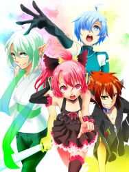  3boys ahoge animal_ears aomushi_sekka bare_shoulders blue_eyes blue_hair bow brown_hair collar dress elbow_gloves female frilled_dress frilled_legwear frills gloves green_eyes green_hair grin hand_fan harisen long_hair multiple_boys open_mouth original pink_eyes pink_hair pointy_ears ribbon short_hair smile teeth thighhighs yellow_eyes 