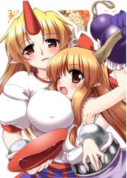  2girls blonde_hair blush bow breasts brown_eyes commentary_request fangs gonzaburo hairbow horns hoshiguma_yuugi hug ibuki_suika large_breasts long_hair multiple_girls open_mouth photoshop_(medium) pointy_ears red_eyes shirt single_horn smile touhou 