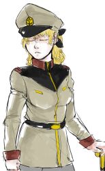  blonde_hair cane closed_eyes crossover earth_federation female gundam hair_ribbon hat katawa_shoujo long_hair military military_uniform mobile_suit_gundam pantyhose peaked_cap ponytail ribbon satou_lilly skrats solo uniform 