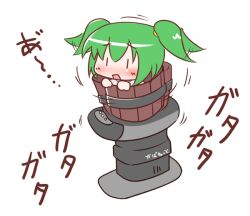  blush bucket commentary_request female green_hair hair_bobbles hair_ornament in_bucket in_container kisume maitora open_mouth riding_machine shaking short_hair solo touhou twintails white_background wooden_bucket |_| 