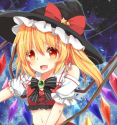  adapted_costume alternate_eye_color alternate_headwear blonde_hair bow commentary_request crystal detached_sleeves female flandre_scarlet frills hat hat_bow navel open_mouth side_ponytail solo star_(symbol) touhou wings witch_hat yellow_eyes yuria_(kittyluv) 