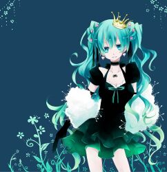  aqua_eyes aqua_hair choker commentary_request crown dress earrings elbow_gloves female gloves hatsune_miku jewelry long_hair partial_commentary solo tanemaki_shirura twintails very_long_hair vocaloid 