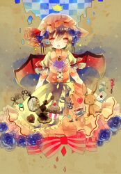  ascot bat_wings blue_flower blue_hair blue_rose cha_goma checkerboard_cookie commentary_request cookie crown cup cupcake female flower food hair_ornament hat hat_ribbon heart highres jewelry key letter open_mouth pen pocket_watch puffy_sleeves red_eyes remilia_scarlet ribbon ring rose short_hair short_sleeves solo stuffed_animal stuffed_toy tea teacup touhou watch wings 