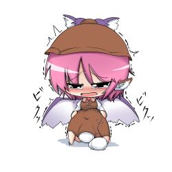  animal_ears blush bow brown_dress chibi commentary_request dekasudachin dress egg egg_laying female hat mystia_lorelei open_mouth pink_eyes pink_hair shirt short_hair sitting solo tears touhou trembling wings 