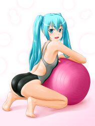  aqua_eyes aqua_hair ball commentary_request female hatsune_miku long_hair looking_back one-piece_swimsuit open_mouth solo swimsuit tk4 twintails vocaloid 