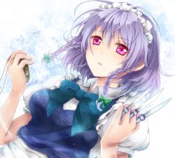  between_fingers braid commentary_request female highres holding izayoi_sakuya knife light_purple_hair maid maid_headdress partial_commentary photoshop_(medium) pink_eyes pocket_watch sakura_ran solo touhou twin_braids watch 