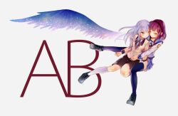  2girls angel_beats! closed_eyes commentary_request grey_hair long_hair multiple_girls nakamura_yuri one_eye_closed purple_hair rio_(tio) school_uniform serafuku shinda_sekai_sensen_uniform short_hair tachibana_kanade thighhighs wings yellow_eyes 