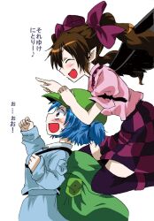  2girls ^_^ backpack bag blue_eyes blue_hair blush brown_hair checkered_clothes checkered_skirt closed_eyes commentary_request hair_ribbon hat himekaidou_hatate kawashiro_nitori multiple_girls oerba_yun_fang one_eye_closed open_mouth purple_legwear ribbon short_hair short_twintails skirt smile thighhighs tokin_hat touhou translated twintails two_side_up unya 