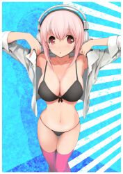  :o bikini black_bikini blush breasts commentary_request dress_shirt female headphones large_breasts navel nishinogi nitroplus pink_eyes pink_hair pink_thighhighs shirt solo super_sonico swimsuit thigh_gap thighhighs 