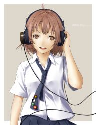  bad_id bad_pixiv_id badge brown_eyes brown_hair button_badge female grado_labs headphones listening_to_music loose_necktie nakamura_bun necktie open_mouth original pleated_skirt product_placement shirt short_hair short_sleeves skirt smiley_face solo 