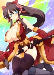  bare_shoulders black_legwear black_thighhighs blue_eyes boots breasts brown_hair cleavage detached_sleeves erect_nipples female female gloves hair_ornament hair_ribbon huge_breasts japanese_clothes katana long_hair ponytail ribbon sengoku_taisen solo sword thighhighs thighs weapon wedge 